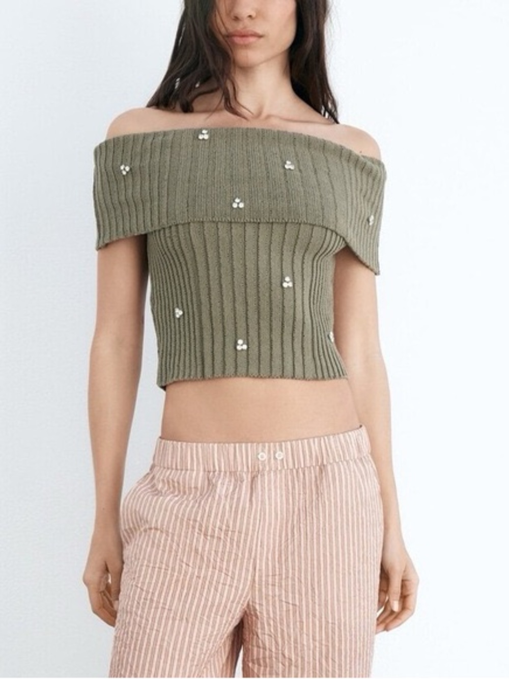 Zara Ribbed Knit Crop Top in Olive